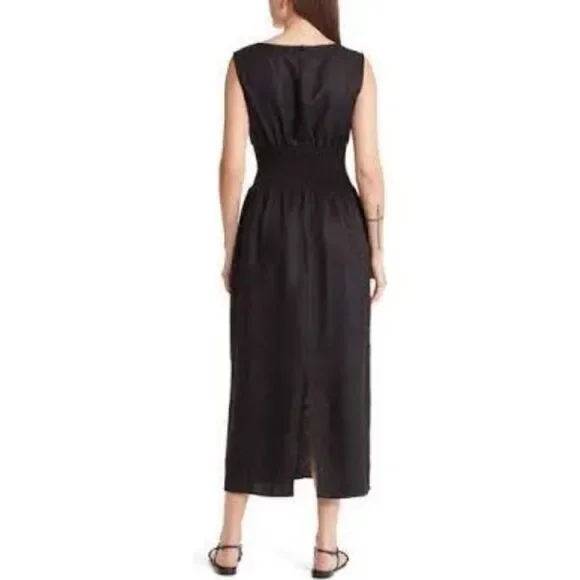 NWT REFORMATION Davie Smocked Waist Linen Dress in Black 2 $248